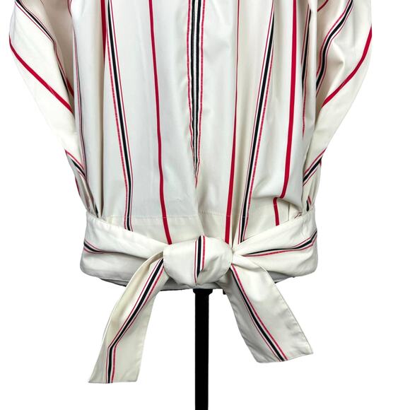 3.1 PHILLIP LIM | Ivory Red Striped Stand Collar Cap Sleeve Tie Hem Designer Top - Picture 10 of 15